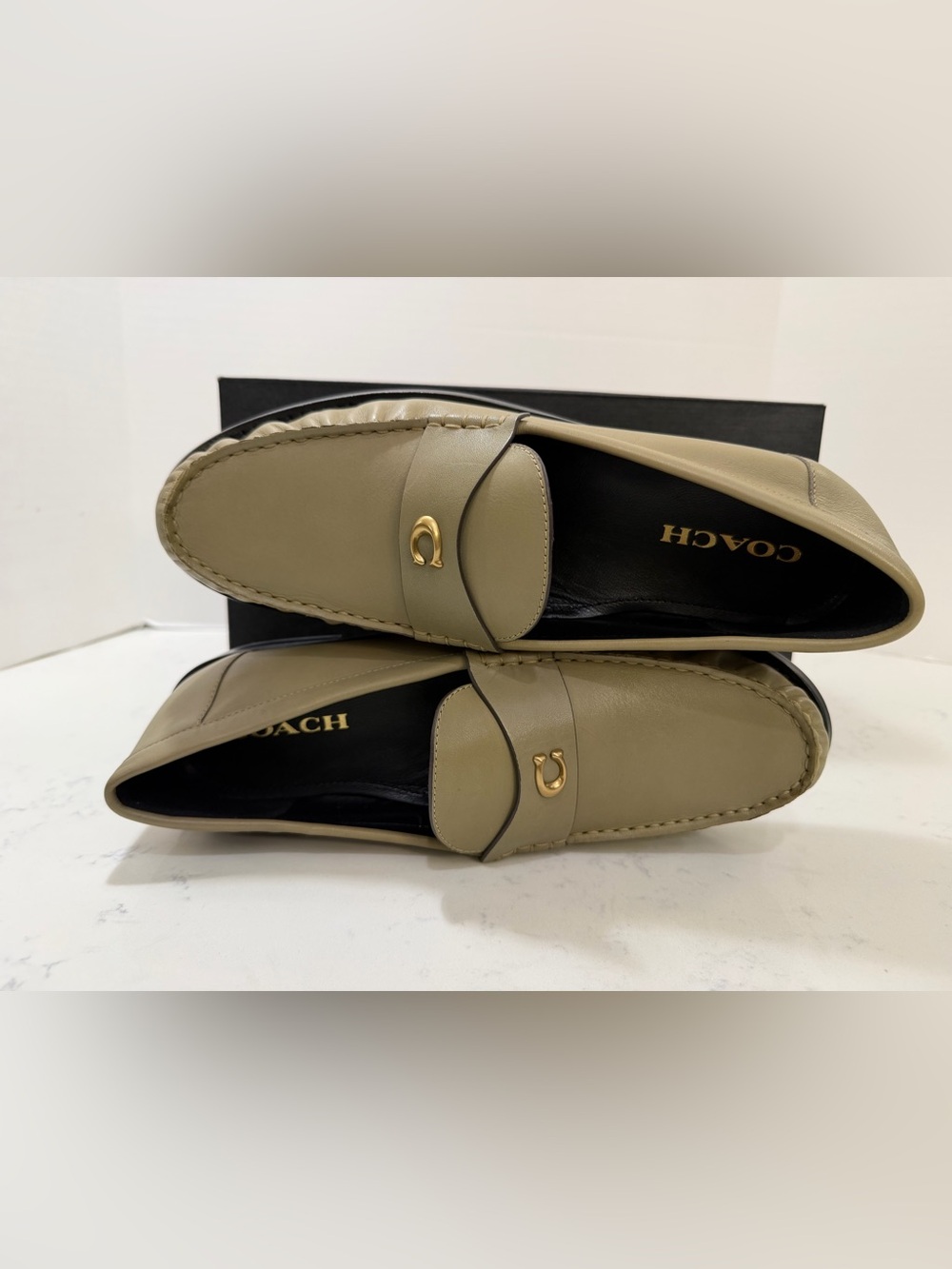 Coach woman’s Olive Green Leather Slip-On Loafers with Gold Accent - Picture 5 of 11